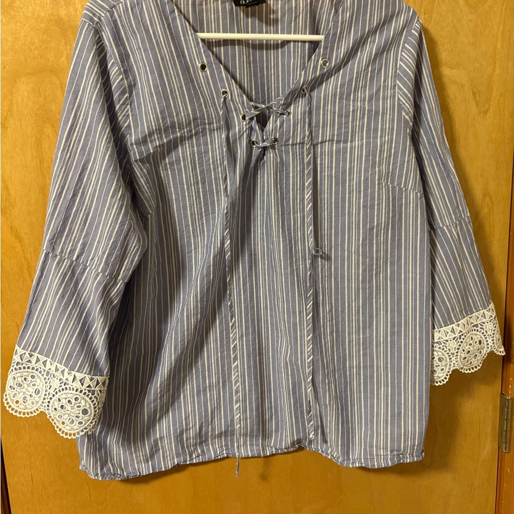 a.n.a Blue and White Striped Blouse with Lace Cuffs